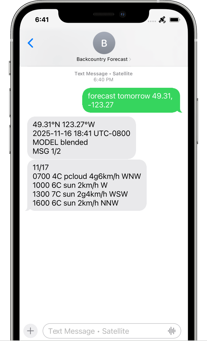 A text message exchange: a forecast request with GPS coordinates, and the forecast that comes back
